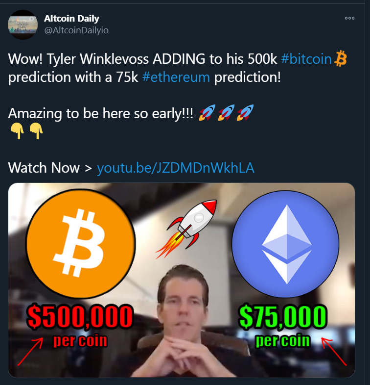Altcoin Daily
@AltcoinDailyio
Wow! Tyler Winklevoss ADDING to his 500k #bitcoin
prediction with a 75k
prediction!
Amazing to be here so early!!!
Watch Now >
youtu.be/JZDMDnWkhLA
—S500,UUU
S75,ooo 